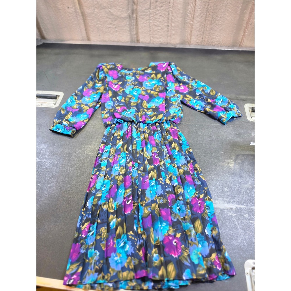 Vintage VLP Petites Floral Pleated Midi Dress Blue Purple Old Money USA Sz 4